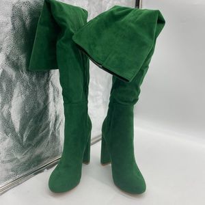 Green suede almond toe high chunky heels over the knee boots booties shoes